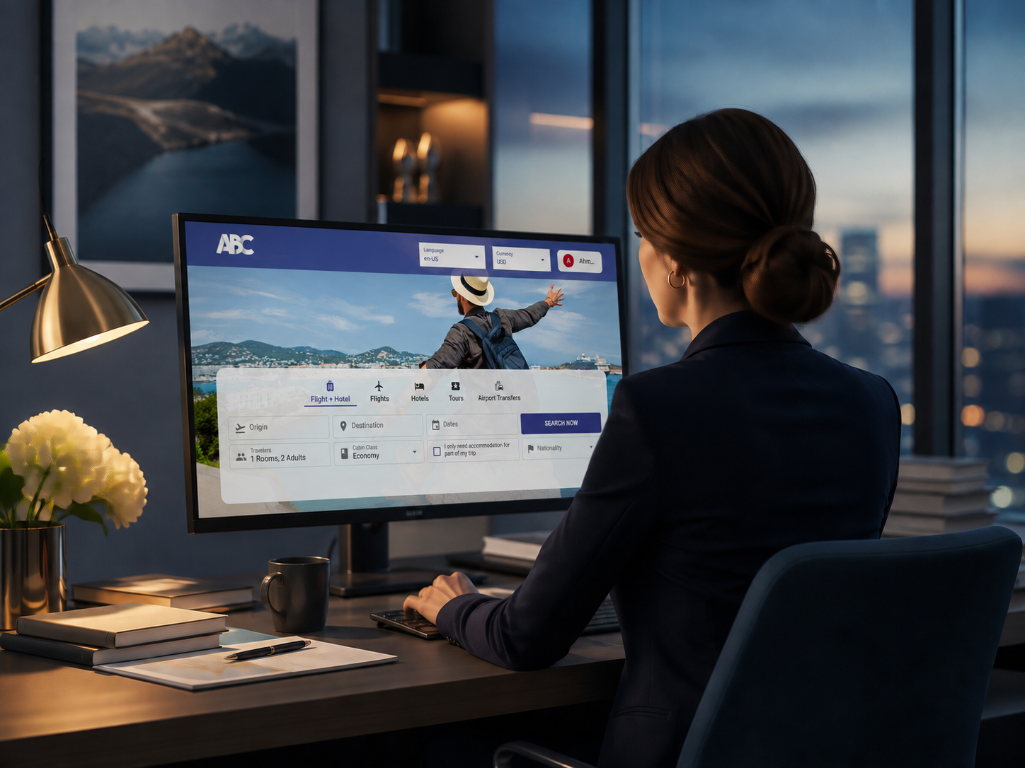 Travel agent viewing the ABC booking system on a desktop monitor