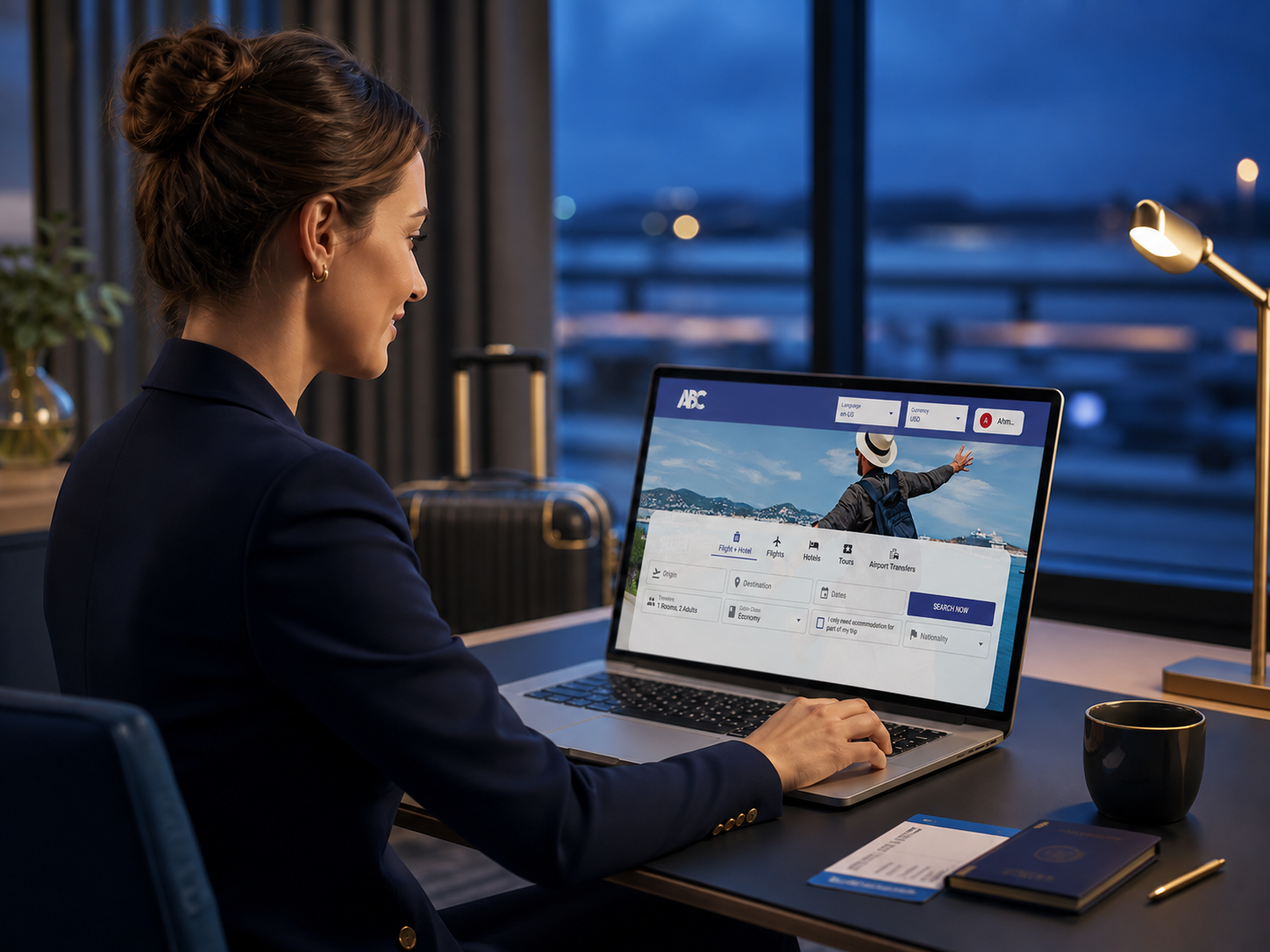 Travel agent using the ABC booking system on a laptop